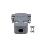 A plastic DB9 connector hood (backshell cover) with a cable strain relief clamp and assembly screws.