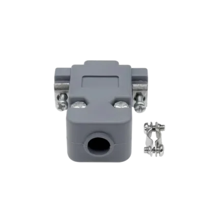 A plastic DB9 connector hood (backshell cover) with a cable strain relief clamp and assembly screws.