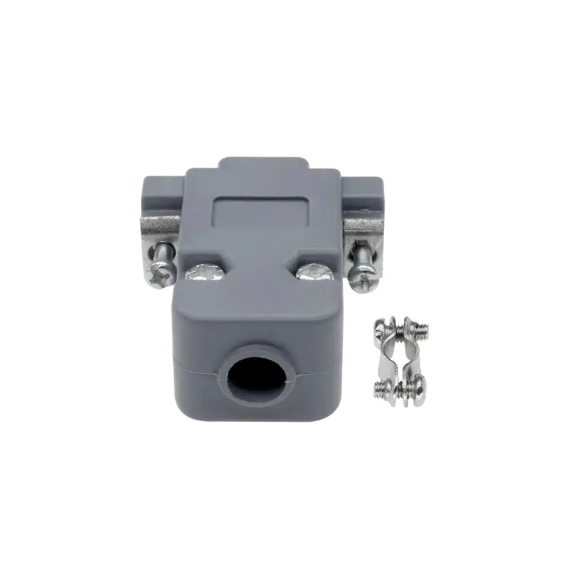 D-SUB DB9 Connector- Cover A plastic DB9 connector hood (backshell cover) with a cable strain relief clamp and assembly screws.