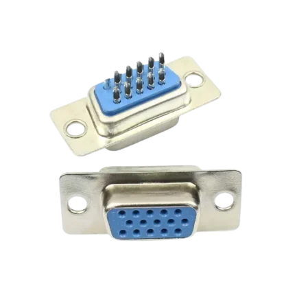 A DB9 female solder-type connector showing its 9 socket pins and solder cups.