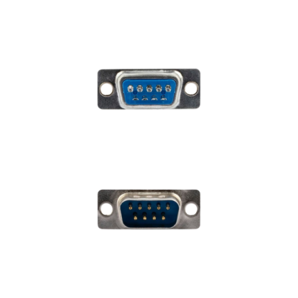 A DB9 male solder-type connector showing its 9 solid pin contacts and solder cups.