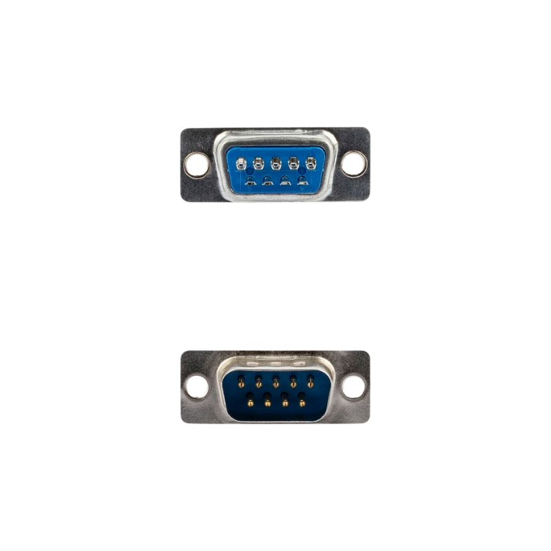 DB9 Male Solder Connector A DB9 male solder-type connector showing its 9 solid pin contacts and solder cups.