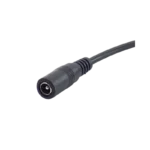 A female 5.5x2.1mm black plastic molded DC barrel jack connector attached to a 15cm long dual-core pigtail wire with pre-stripped red and black tinned tips.