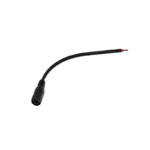 A female 5.5x2.1mm black plastic molded DC barrel jack connector attached to a 15cm long dual-core pigtail wire with pre-stripped red and black tinned tips.