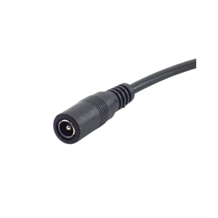 A female 5.5x2.1mm black plastic molded DC barrel jack connector attached to a 15cm long dual-core pigtail wire with pre-stripped red and black tinned tips.