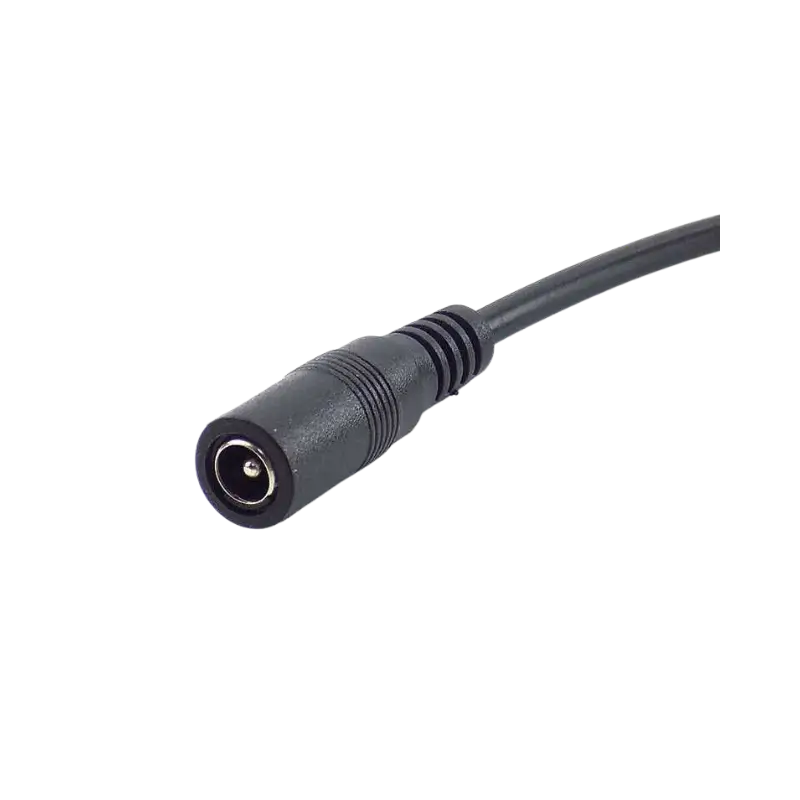 DC Jack Female Power Connector With 26AWG Wire 5.5mm×2.1mm A female 5.5x2.1mm black plastic molded DC barrel jack connector attached to a 15cm long dual-core pigtail wire with pre-stripped red and black tinned tips.