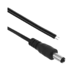 A male 5.5x2.1mm black plastic molded DC barrel plug connector attached to a 10cm long dual-core pigtail wire with pre-stripped red and black tinned tips.