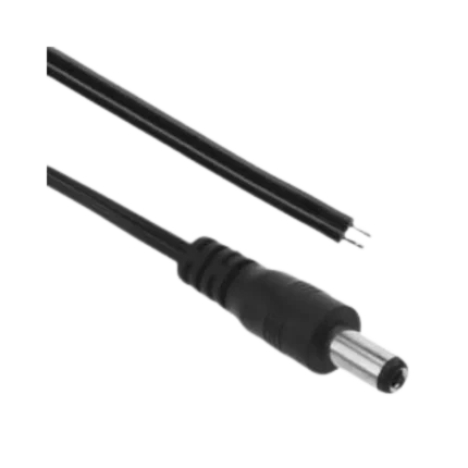 A male 5.5x2.1mm black plastic molded DC barrel plug connector attached to a 10cm long dual-core pigtail wire with pre-stripped red and black tinned tips.