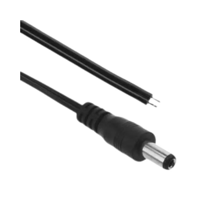 DC Jack Male Power Connector with 26AWG Wire A male 5.5x2.1mm black plastic molded DC barrel plug connector attached to a 10cm long dual-core pigtail wire with pre-stripped red and black tinned tips.