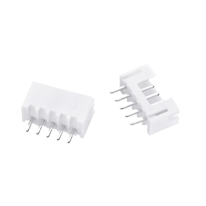 Data Terminal Male 5 Pin Connector JST XH 2.54mm On PCB A JST XH 2.54mm 5-pin male connector header featuring white plastic housing and through-hole metal pins.