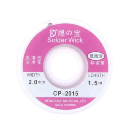 A spool of 1.5mx2mm desoldering wire wick featuring fine braided copper for electronics repair.