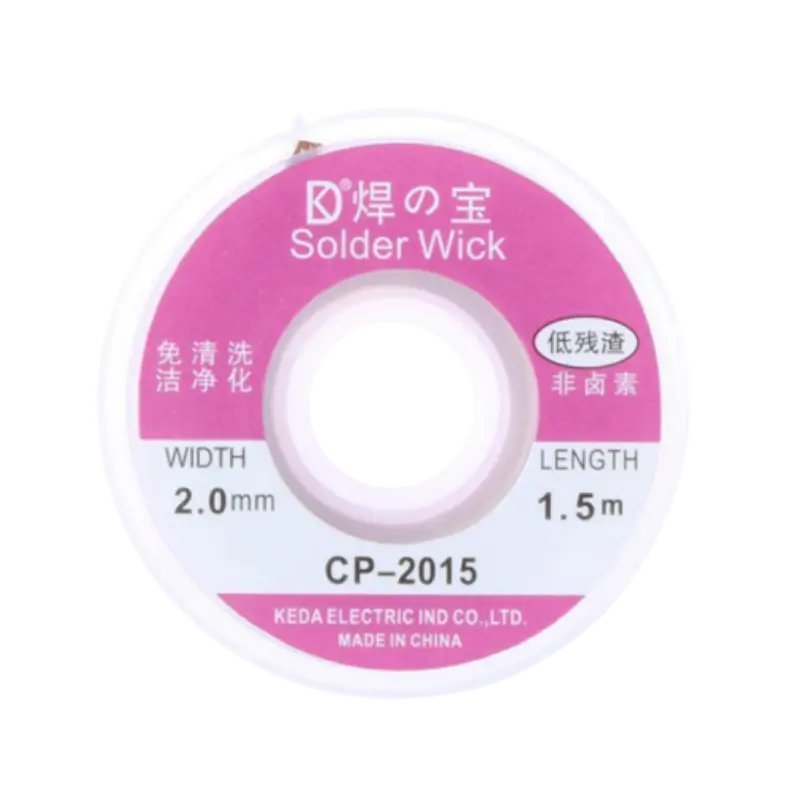 Desoldering Wire Wick 1.5mx2mm A spool of 1.5mx2mm desoldering wire wick featuring fine braided copper for electronics repair.