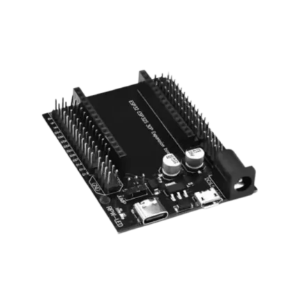 An ESP32 30-pin expansion breakout board featuring header sockets for an ESP32 module, screw terminals, and power distribution rails.