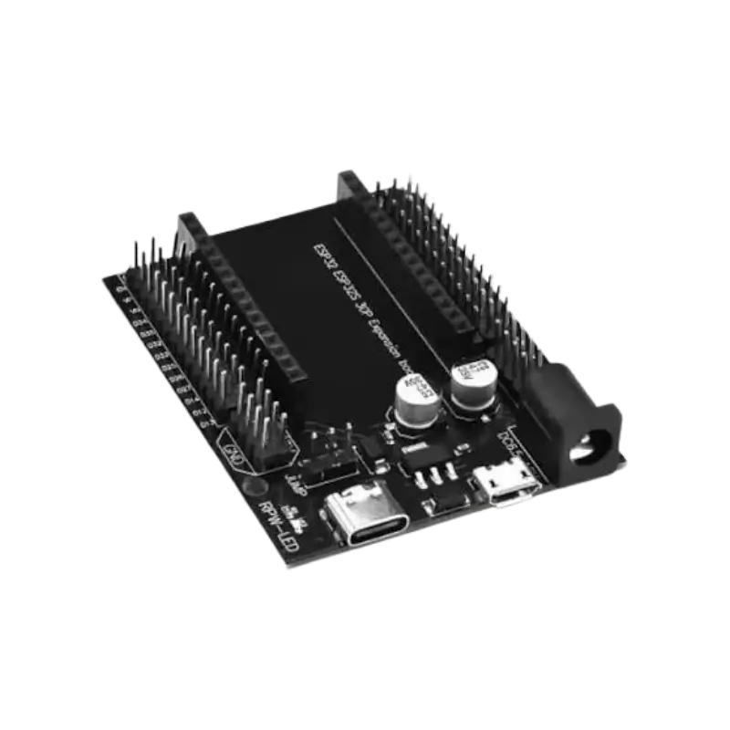 An ESP32 30-pin expansion breakout board featuring header sockets for an ESP32 module, screw terminals, and power distribution rails.