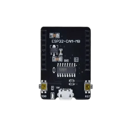 An ESP32-CAM micro-USB shield board featuring a CH340 chip, micro-USB port, reset button, and socket headers for the camera module.