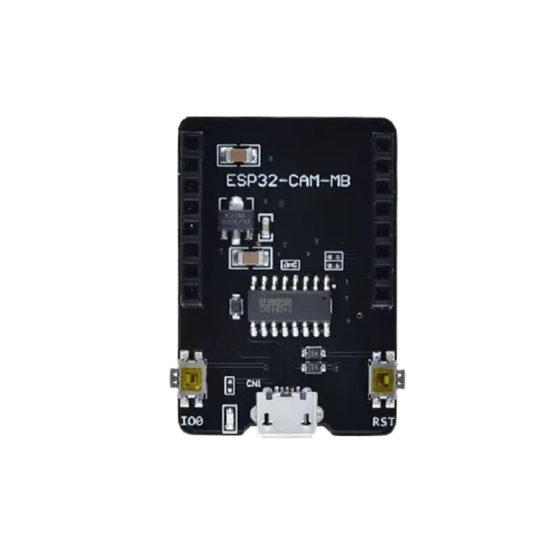 An ESP32-CAM micro-USB shield board featuring a CH340 chip, micro-USB port, reset button, and socket headers for the camera module.