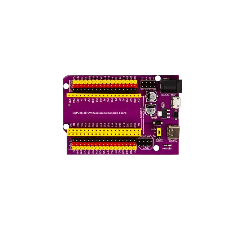 An ESP32 38-pin wide expansion breakout board featuring header sockets for a wide ESP32 module, screw terminals, and power distribution rails.