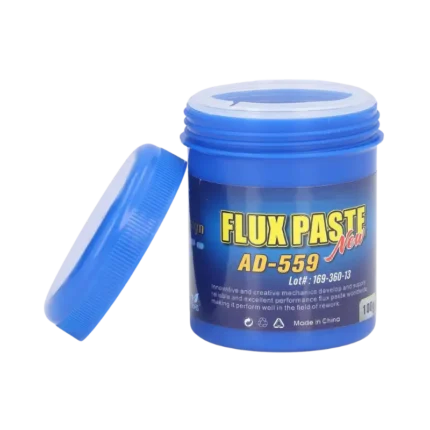 A 100g container of AD-559 soldering flux paste designed for electronics repair and PCB assembly.