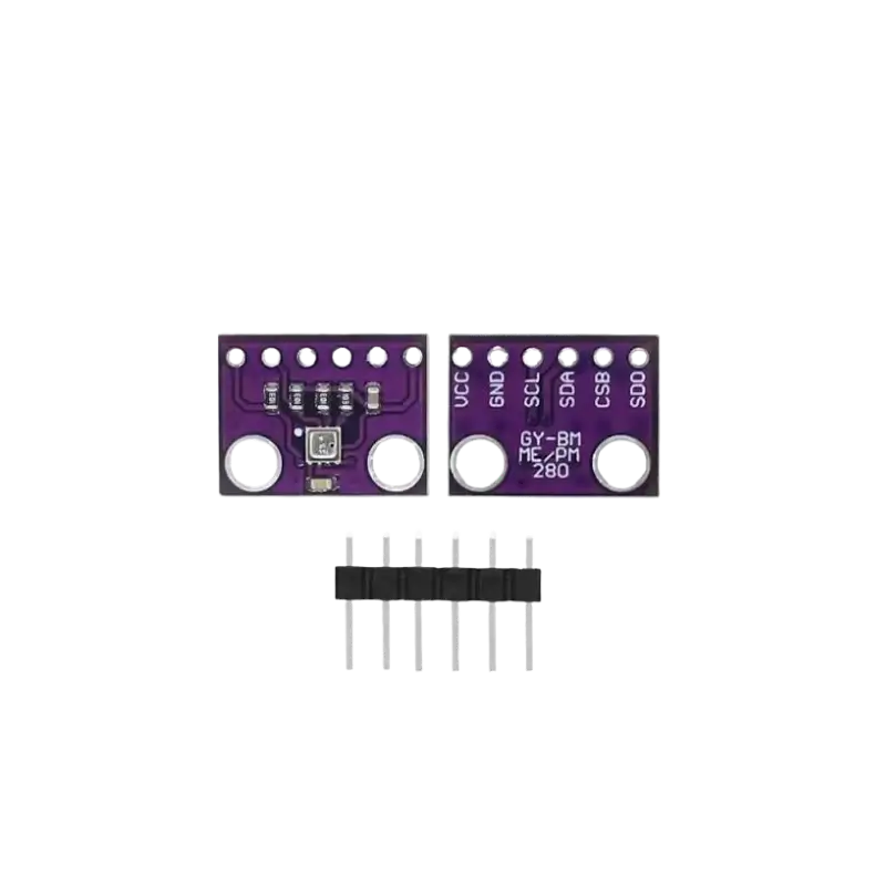 GY-BMP280 (2) A tiny purple or blue GY-BMP280 barometer sensor module featuring a Bosch IC chip and gold header pins.