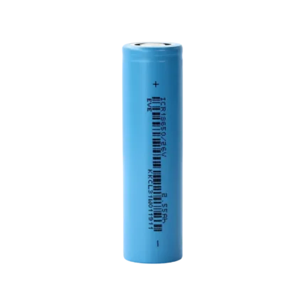 A brand-new, teal-colored cylindrical EVE ICR18650 lithium-ion rechargeable battery displaying its flat-top positive terminal and official printed factory tracking codes on its outer protective sleeve.