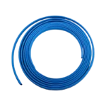 A length of vibrant blue 3mm polyolefin heat shrink tubing displayed against a clean workshop background.