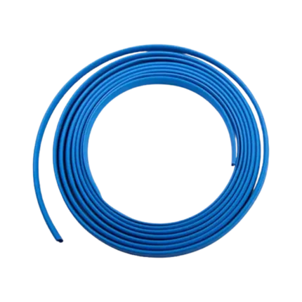 A length of vibrant blue 3mm polyolefin heat shrink tubing displayed against a clean workshop background.