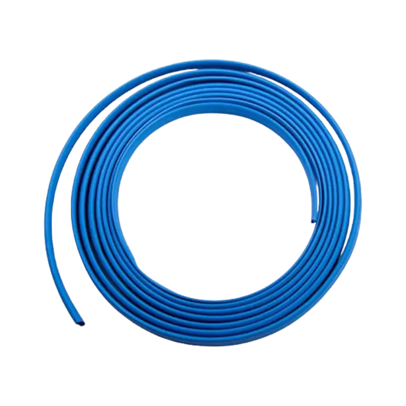 A length of vibrant blue 3mm polyolefin heat shrink tubing displayed against a clean workshop background.