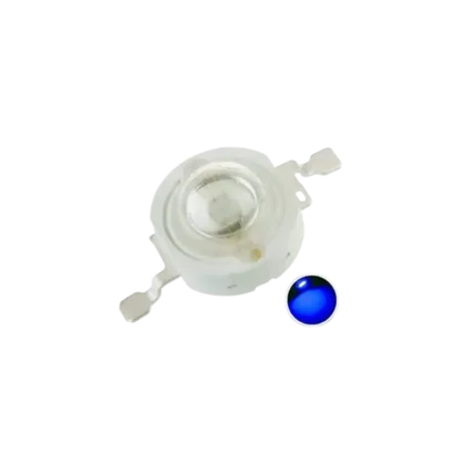 A high-power 1W blue SMD LED diode featuring a clear lens and metal contact pads.