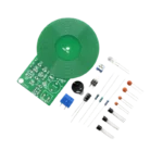 An MDS-60 metal detector sensor module kit PCB featuring an integrated circular trace coil, red LED, active buzzer, and blue potentiometer.