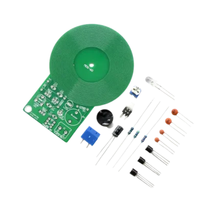 An MDS-60 metal detector sensor module kit PCB featuring an integrated circular trace coil, red LED, active buzzer, and blue potentiometer.