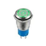 A 12mm metal self-locking pushbutton switch with an integrated LED ring, threaded housing, and screw/solder terminals.