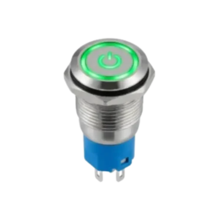 A 12mm metal self-locking pushbutton switch with an integrated LED ring, threaded housing, and screw/solder terminals.