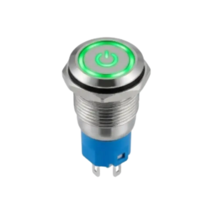 Metal Self Locking Push Switch On- Off Waterproof with LED Ring 12mm A 12mm metal self-locking pushbutton switch with an integrated LED ring, threaded housing, and screw/solder terminals.