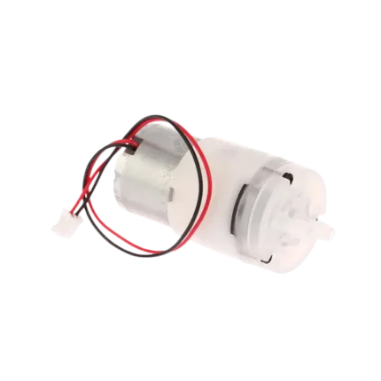 A compact 310 miniature DC water pump showing its cylindrical silver metal motor body, a black plastic diaphragm head with two barbed fluid inlet/outlet nozzles, and rear electrical soldering tabs.