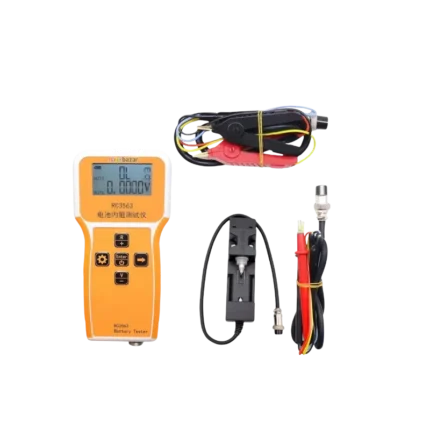 An RC3563 digital battery internal resistance tester with an LCD screen and four-wire Kelvin test leads.