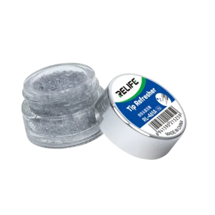 A RELIFE RL-461A soldering iron tip refresher tin container used for cleaning and restoring oxidized soldering tips.