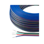 A roll of 4-pin RGB LED ribbon wire featuring color-coded red, green, blue, and black conductors for lighting installations.