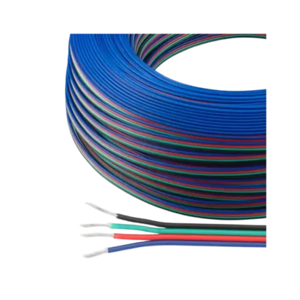 A roll of 4-pin RGB LED ribbon wire featuring color-coded red, green, blue, and black conductors for lighting installations.