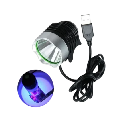 An RL-014 USB-powered UV curing light featuring an ultraviolet LED head designed for PCB solder mask and glue hardening.