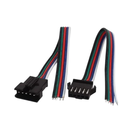 A matching pair of black plastic 5-pin JST-SM snap-locking wire connectors showing a male terminal plug and a female socket terminal, both pre-crimped with distinct, multi-colored 22AWG flexible ribbon wires.
