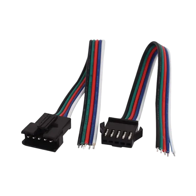 SM.22AWG – 5 Pin Male + Female SM Cable Wire Plug Connectors A matching pair of black plastic 5-pin JST-SM snap-locking wire connectors showing a male terminal plug and a female socket terminal, both pre-crimped with distinct, multi-colored 22AWG flexible ribbon wires.