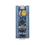 A blue STM32F103C8T6 ARM Cortex-M3 Blue Pill development board showing the Micro-USB port, reset button, yellow boot jumpers, and dual pin headers.