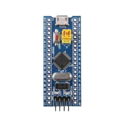A blue STM32F103C8T6 ARM Cortex-M3 Blue Pill development board showing the Micro-USB port, reset button, yellow boot jumpers, and dual pin headers.