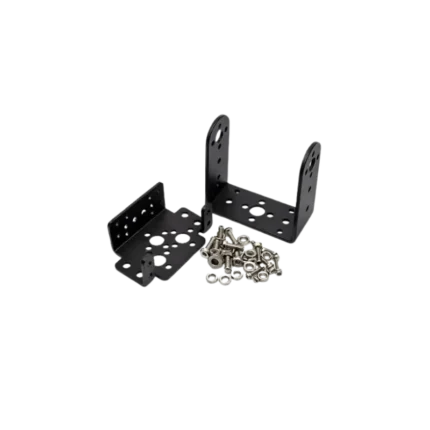 An assembled black or silver aluminum pan-and-tilt multi-axis servo bracket mechanism with mounting plates.