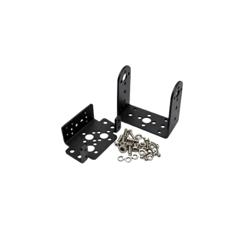 An assembled black or silver aluminum pan-and-tilt multi-axis servo bracket mechanism with mounting plates.