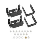 A complete matte black aluminum multi-axis pan-and-tilt servo motor bracket kit, showing a U-shaped metal steering arm, a flat multi-hole mounting plate, small silver fixing screws, and a low-friction mini cup bearing, displayed without any electronic motors.