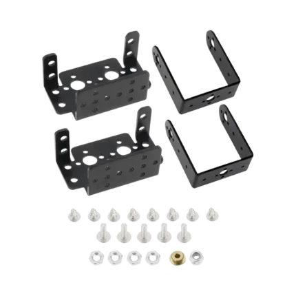 A complete matte black aluminum multi-axis pan-and-tilt servo motor bracket kit, showing a U-shaped metal steering arm, a flat multi-hole mounting plate, small silver fixing screws, and a low-friction mini cup bearing, displayed without any electronic motors.