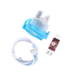 A water turbidity sensor kit featuring a clear optical immersion probe attached via a connector cable to a small blue processing board with a potentiometer and 4-pin header.