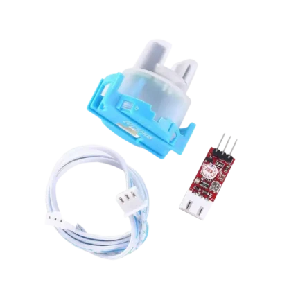 A water turbidity sensor kit featuring a clear optical immersion probe attached via a connector cable to a small blue processing board with a potentiometer and 4-pin header.