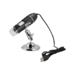 A USB digital microscope with 1600X magnification attached to a metal desktop stand, showing its LED ring and focus dial.